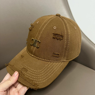 韩国破坏磨边棒球帽女显脸小凯旋门帽子金属字母软顶鸭舌帽ins潮