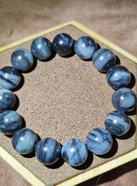 新疆和田玉青花籽料黑白意境卡14圆珠手串手链男女款礼品