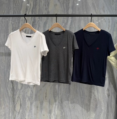 正品短袖T恤2026夏新品含桑蚕丝天丝微透V领刺绣黑白MBF2TEE052