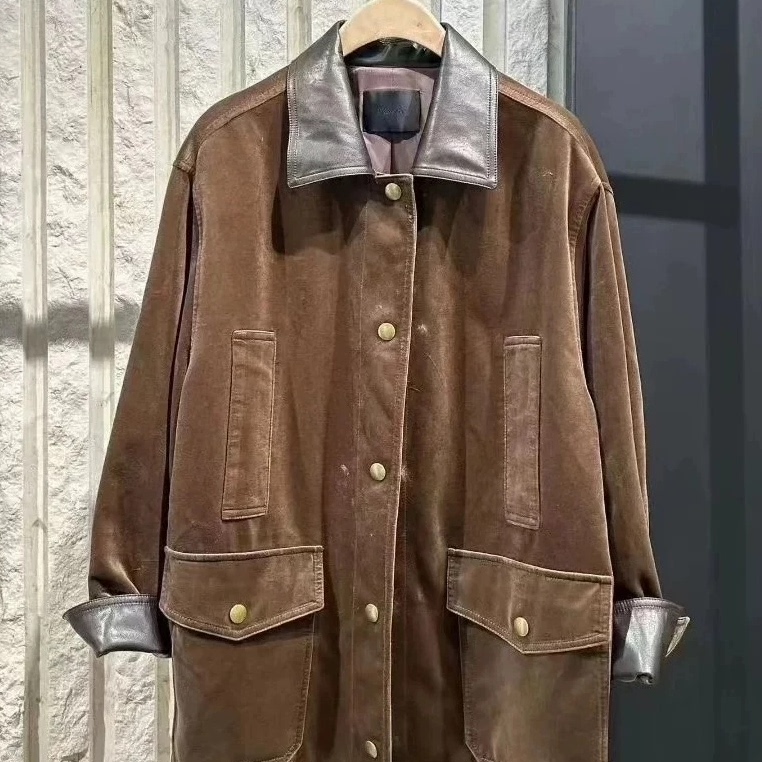 正品外套2025秋新品复古棕绒素皮拼接中性廓形工装夹克MBE3COT010