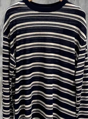 正品针织衫2025秋新品细支绵羊毛棉纱中空混纺条纹落肩MBE3SWT014