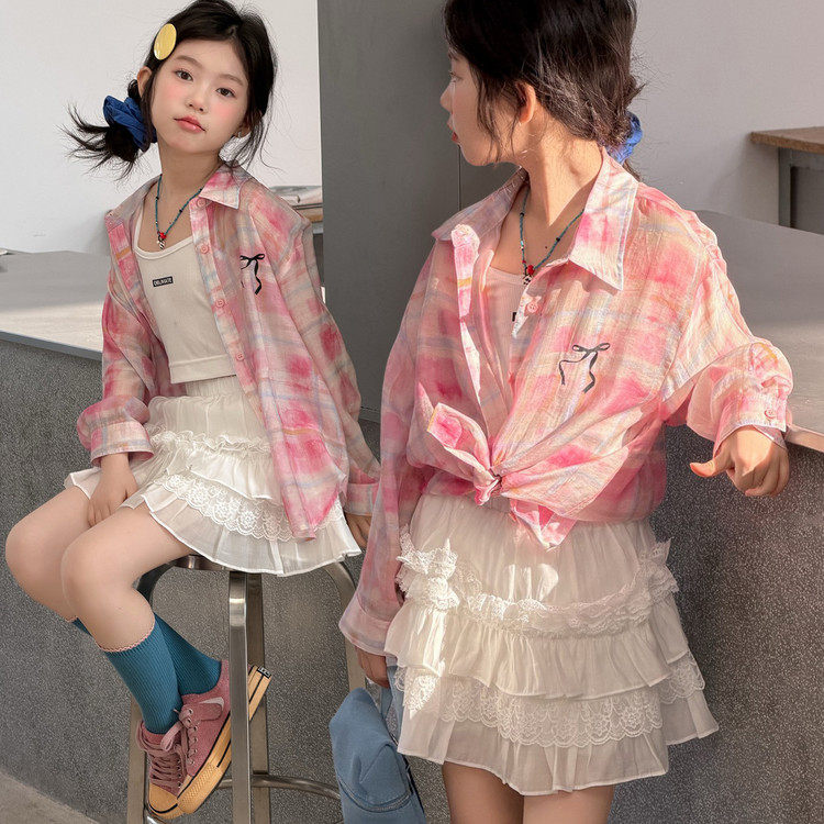 女童彩虹长袖衬衫女孩多巴胺穿搭渐变开衫外套上衣百褶裙两件套装