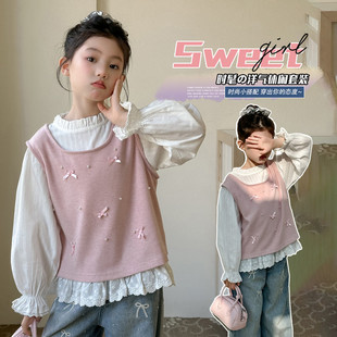 女童学院风衬衫套装2026春装新款儿童洋气时髦三件套童装衬衣裤子