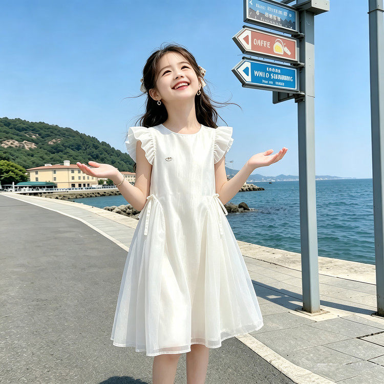 女童白色连衣裙夏季2026新款中大童小飞袖网纱公主裙儿童气质长裙