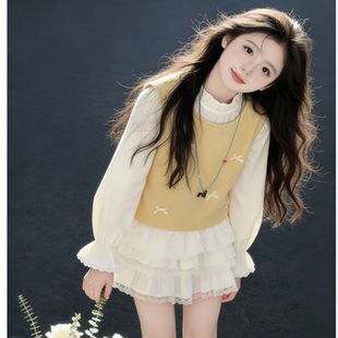 女童春秋款套装2026新款儿童洋气时髦蕾丝衫网纱裙子两件套中大童