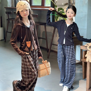 女童格子阔腿裤套装春秋季2026新款中大童韩版时髦抽绳连帽上衣