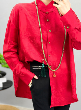 原创设计感中式国风红色刺绣人丝提花衬衣春秋唐装立领宽松上衣女