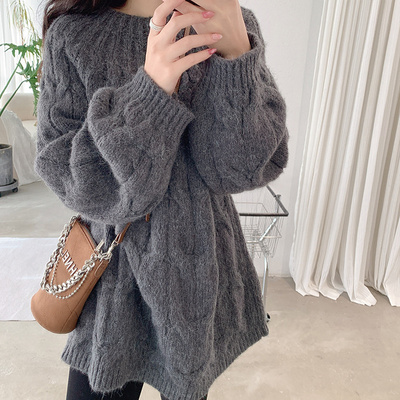 2025秋冬新品宽松慵懒风加厚麻花圆领长袖中长款套头针织衫毛衣女