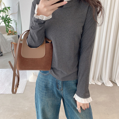 拼接木耳边长袖T恤女2025秋冬新款圆领加厚抓绒打底衫小个子上衣