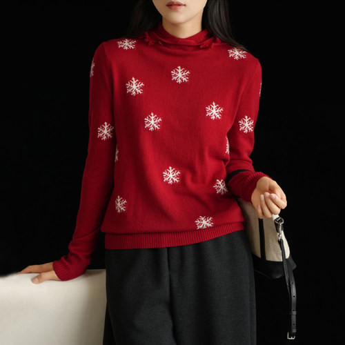 新年红女式连帽毛衣36支羊绒衫