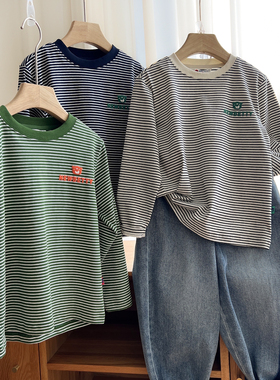 A类32支精梳棉 儿童条纹打底衫 男女童长袖T恤170大童 春秋款童装