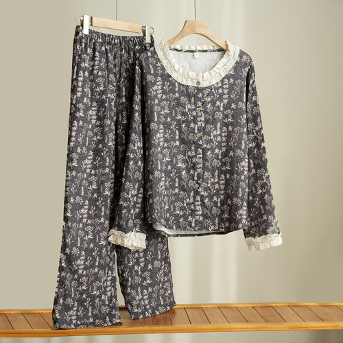 女士纯棉蕾丝领家居服套装春款