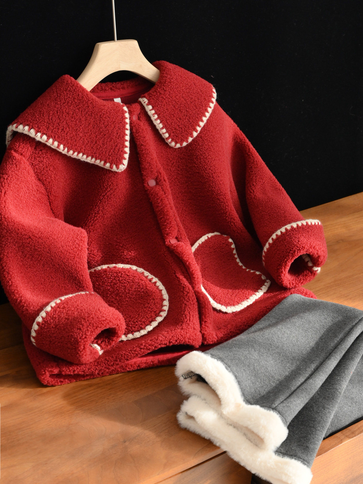 아동복 단발 여아 모조 셰르파 재킷 가디건 중대형 아동용 플러스 벨벳 부츠컷 팬츠 겨울 스타일