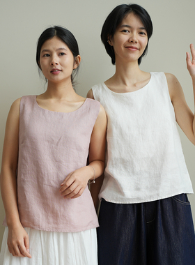 14支 全亚麻 女士无痕圆领背心 无袖V领宽肩吊带山东网店夏款女装