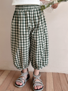 儿童纯棉格子裤 男童女童全棉九分裤 宽松灯笼裤 中大童 春夏款