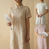 女装 女士苎麻旗袍式 裙子 夏款 连衣裙国风刺绣开叉大码 短袖