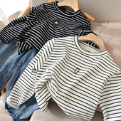 童装 A类 打底衫 中小童 儿童纯棉条纹T恤 男童女童圆领卡通长袖
