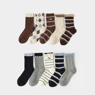 女士中筒袜5双装 秋冬新款条纹学院风袜子 撞色女袜 百搭色
