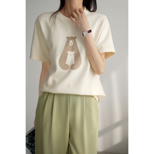 特 磨毛厚款T恤 女士植绒卡通短袖 减龄圆领宽松T恤短袖 女装