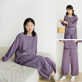 色织纱布女士全棉花边家居服 长袖 九分裤 40支 纯棉睡衣宽松款 春夏