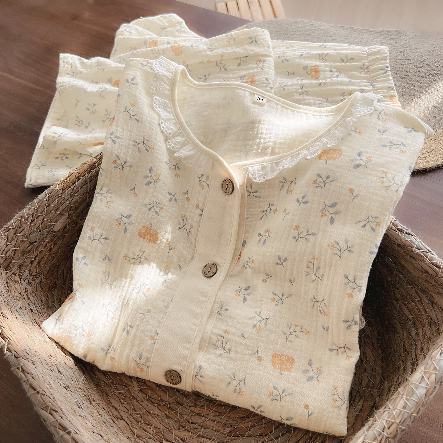 女士纯棉双层纱布圆领开衫 家居服套装 长袖长裤睡衣起居服秋冬款