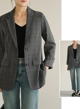 特 女士格子西装 通勤OL风 平驳领格纹外套 春秋款 女装