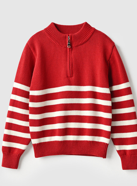 新年款全棉红毛衣 儿童半高拉链针织衫男女童条纹上衣 中大童秋冬