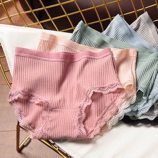 款 有大码 四季 螺纹弹力蕾丝边三角裤 女士中腰内裤 全棉底裆