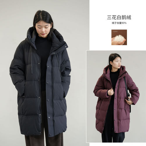 女士90三花白鹅绒中长款羽绒服