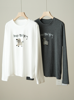 初春款 180g女士磨毛小马印花长袖打底衫  圆领百搭上衣 女装