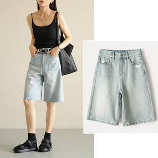 女士纯棉短裤 女装 直筒磨白五分裤 夏款 高腰显瘦中裤 水洗牛仔