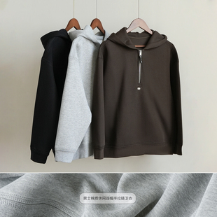 棉质休闲套头衫 连帽半拉链卫衣 简约纯色落肩上衣秋k 男士 390g
