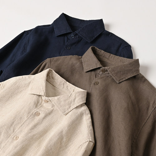 9支水洗全亚麻男士翻领长袖衬衫