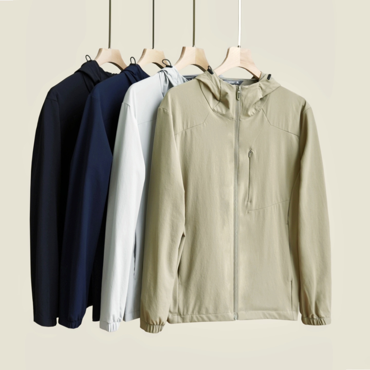 男士轻薄弹力连帽外套 锦纶+氨纶运动休闲纯色上衣k