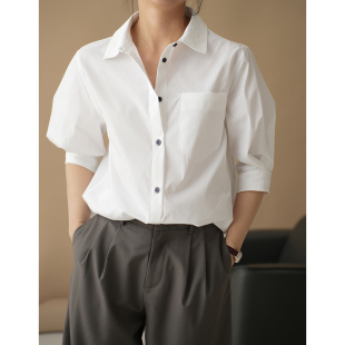 简约百搭 女士翻领灯笼袖衬衣 纯色五分袖衬衫 中袖开衫 春款