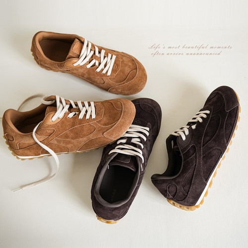 女士复古真皮平底德训鞋