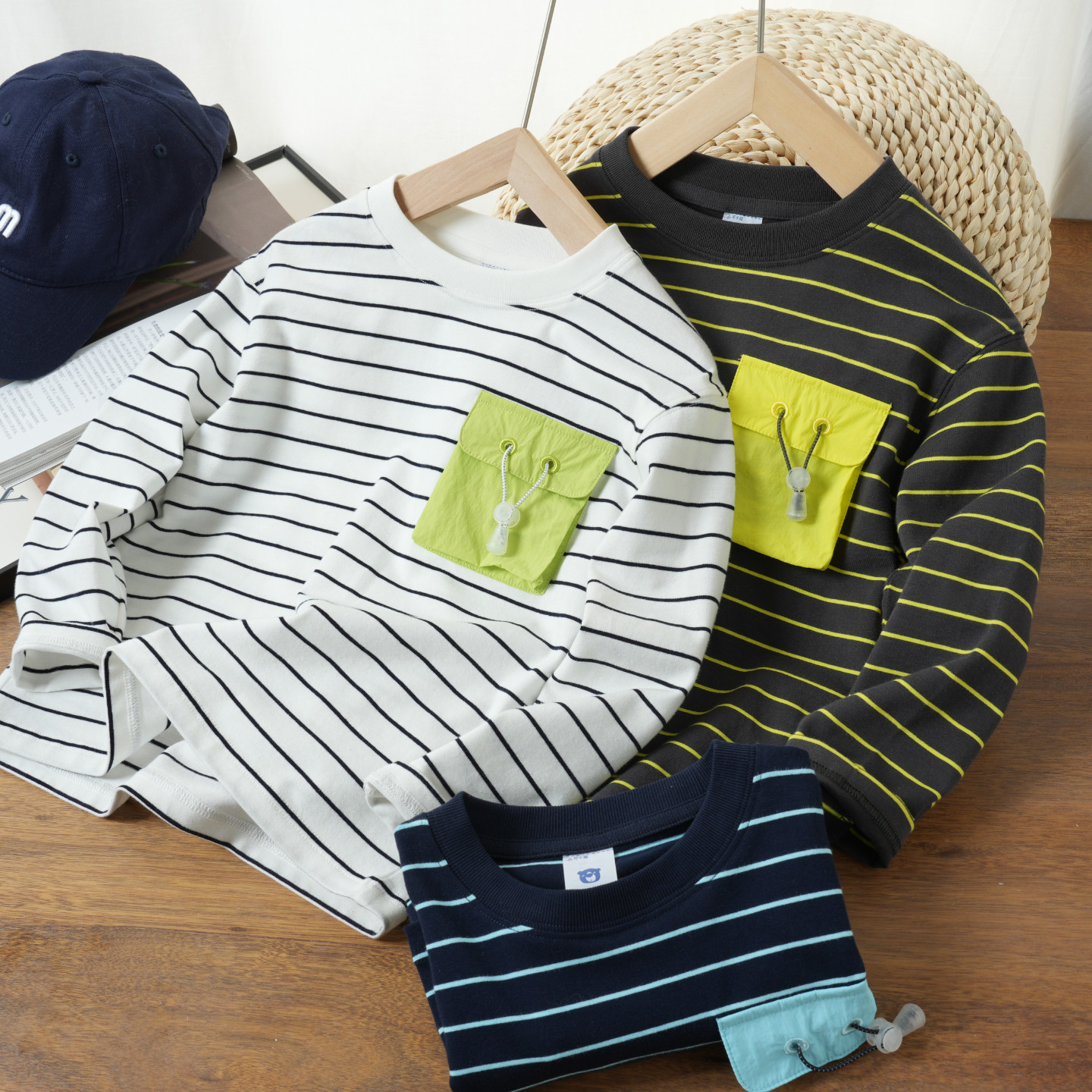 对条工艺 儿童条纹长袖T恤撞色口袋圆领上衣中大童打底衫 春秋款