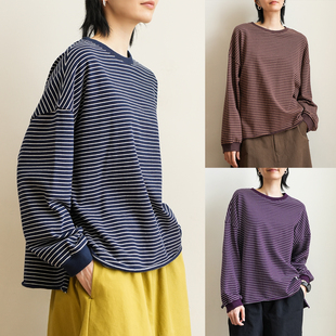 秋k 落肩宽松套头打底衫 女士265g全棉细条纹圆领长袖 T恤