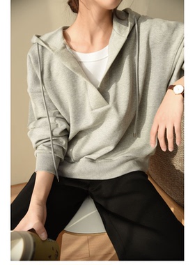 清库 双纱 女士纯棉细毛圈连帽卫衣 叠搭单品 V领上衣 宽松