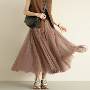裙子 纯色中长款 气质显瘦裙 春夏款 女士网纱半身裙 女装 A字版