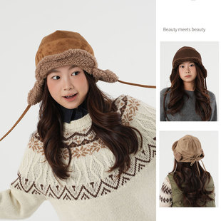 女士飞行员帽子 秋冬保暖护耳帽 加厚防寒系带帽 百搭保暖包头帽