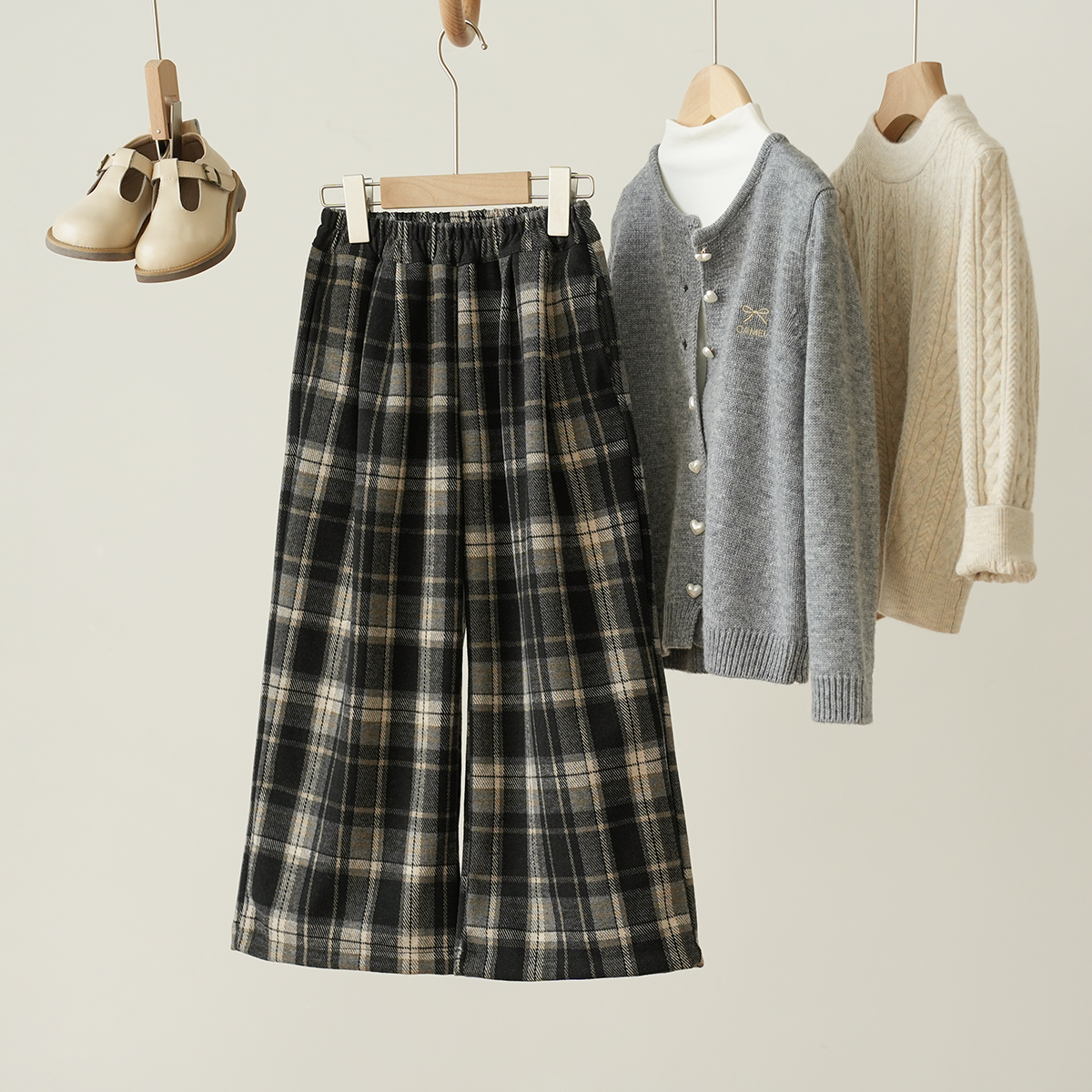 复古磨毛格子阔腿裤中大童针织裤
