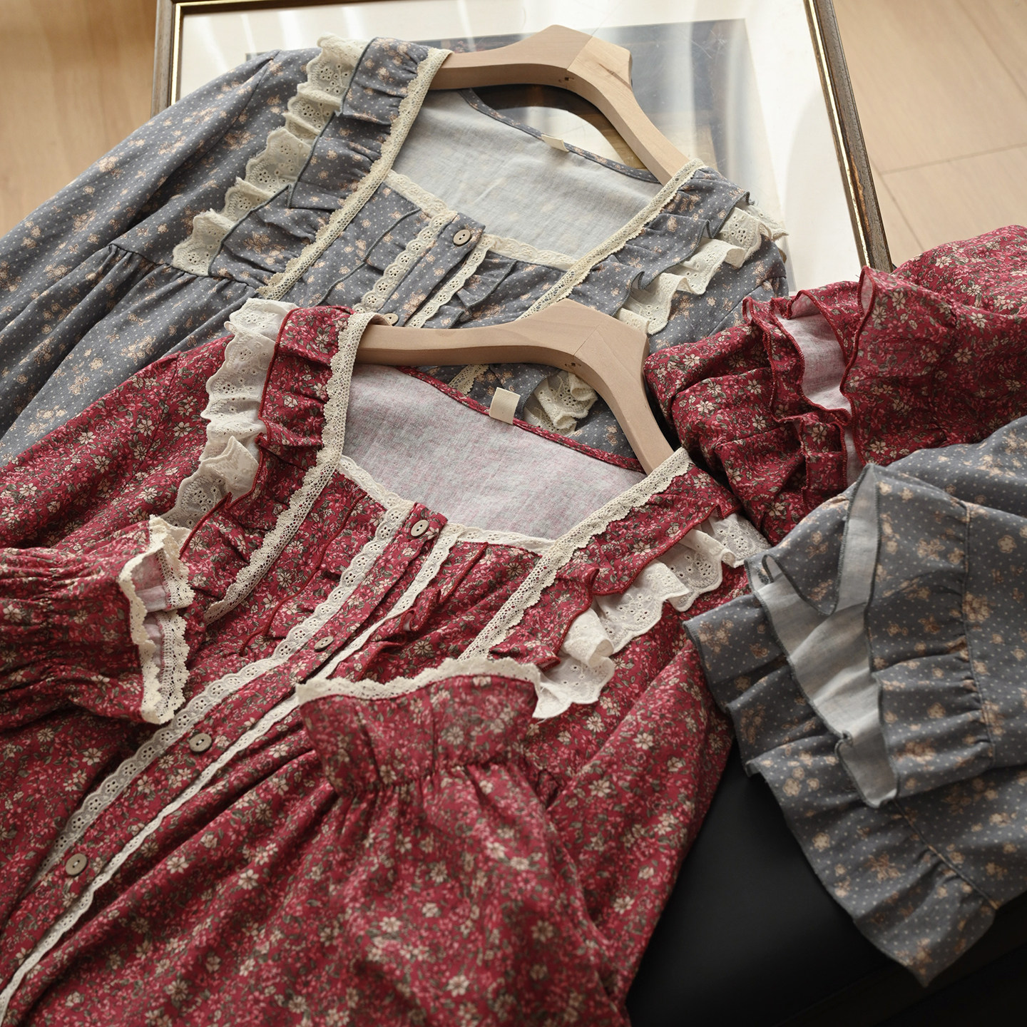 新年红 森系碎花 女士双层纱布纯棉家居套装 法式方领全棉睡衣,女士内衣/男士内衣/家居服,睡衣/家居服套装,淘宝优惠券,粉丝福利购,淘宝优惠卷