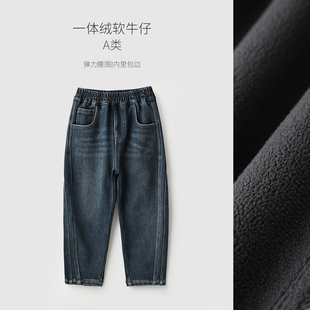 童装 一体绒软牛仔 中大童 男童女童加绒老爹裤 水洗儿童牛仔裤