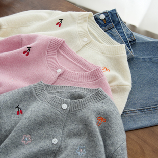 无补 女士圆领刺绣开衫毛衣 羊毛针织上衣外套 秋冬款 女装