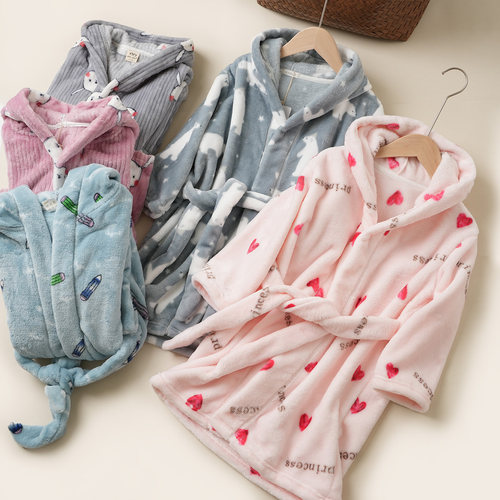 儿童法兰绒中长款浴袍加厚加绒