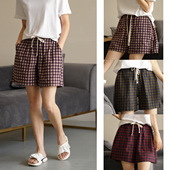 格子宽松睡裤 薄款 直筒起居裤 夏款 可外穿 女装 女士纯棉家居短裤