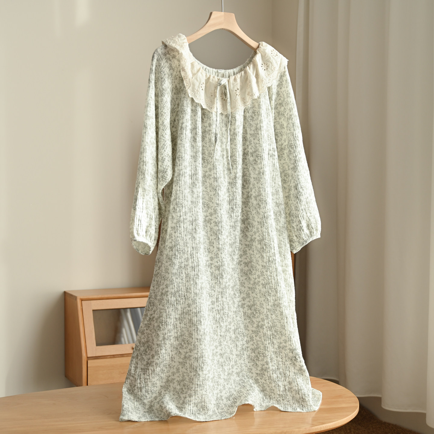 田园碎花系 40支双层绉布 纯棉蕾丝领花边家居裙 套头睡裙春夏款