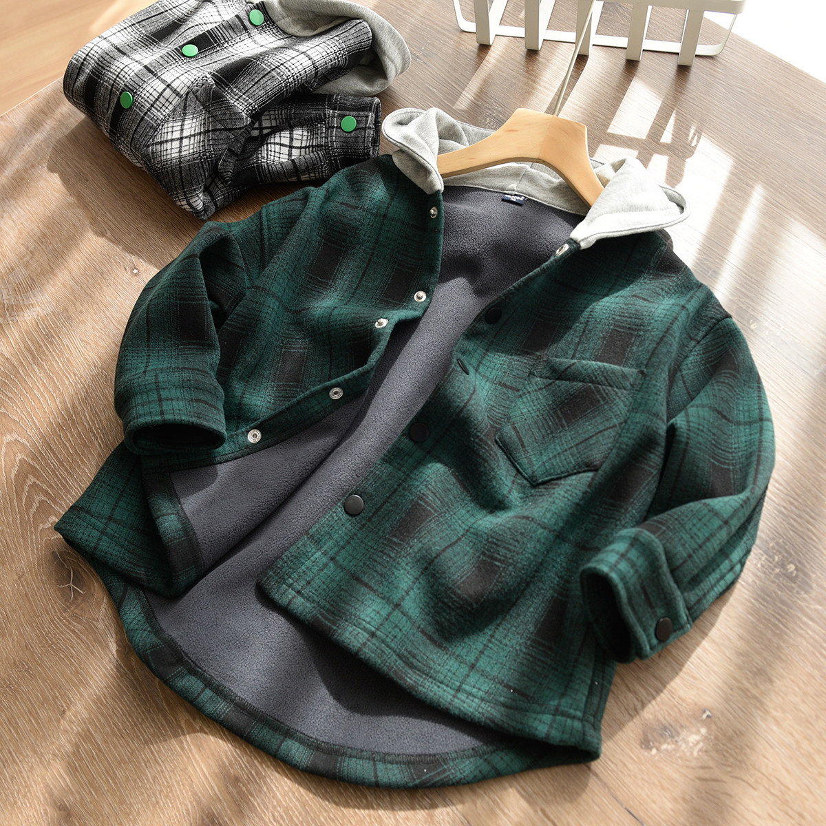 남아 및 여아용 아동용 벨벳 후드 재킷 중장년용 ORIL 벨벳 격자 무늬 셔츠 및 가디건 가을 및 겨울 아동복