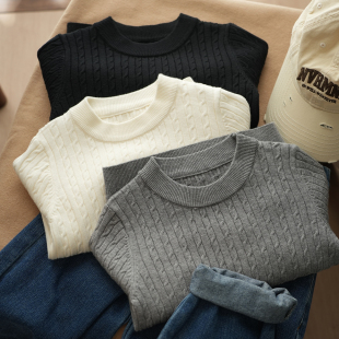 女童纯色绞花针织毛衣 儿童圆领套头保暖上衣 中童 春秋款 童装